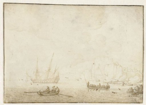 Two rowboats near a sailing ship at anchor in a bay