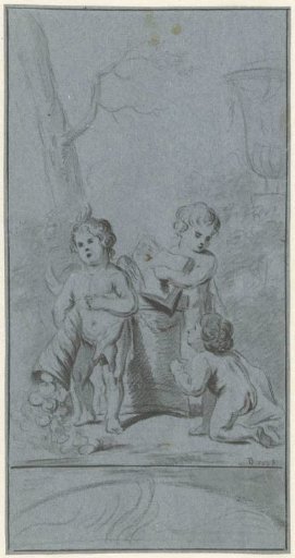 Three putti by a tree
