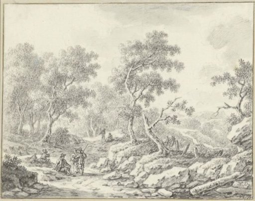 Resting and walking figures in a wooded landscape
