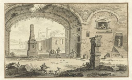 Fantastical Italian city view with classical buildings and a view through an arch