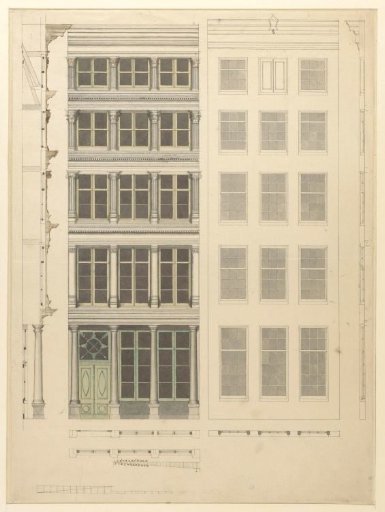 Design for a front and side view of a facade and window arrangements