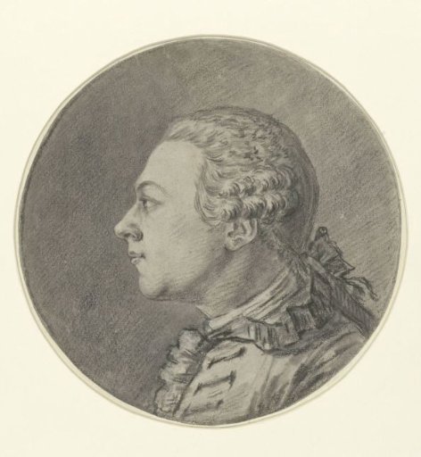 Portrait of a man, in profile, to the left, with queue wig