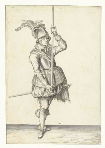 Soldier holding his spear upright before him high above the ground with both hands
