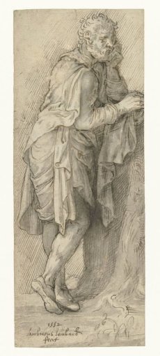 Standing Man with His Right Arm Resting on a Tree Stump