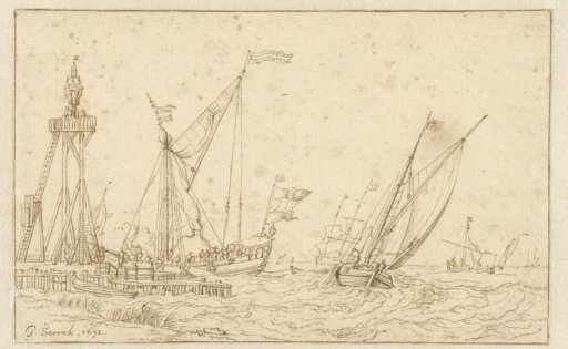 Sailing ships at a pier with a large lantern