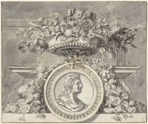 Vase with flowers with a medallion