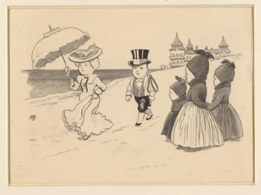 Lady followed by a liveried servant, three children watching