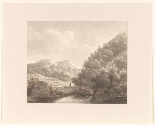 Mountain landscape with brook, shepherd and sheep