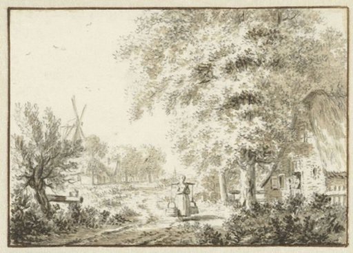 Village view with a woman carrying a yoke
