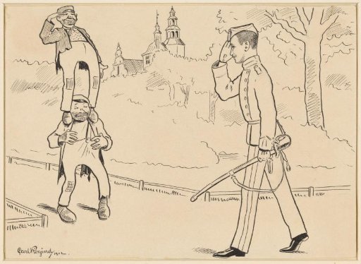 Two beggars standing on top of each other greeting a military officer
