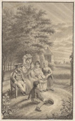 Mother seated with four children in a landscape