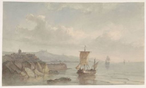 Coastal landscape with harbour and ships on the water