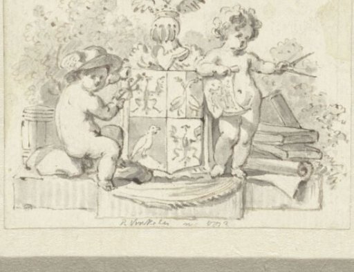 Two putti, with compass and staff of Asclepius, with the Schoemaker family coat of arms