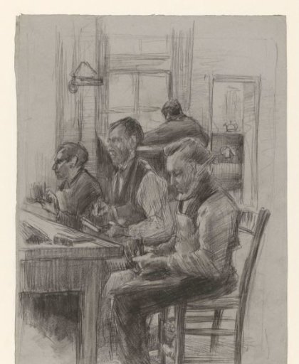Hall with three blind brush makers and a clerk