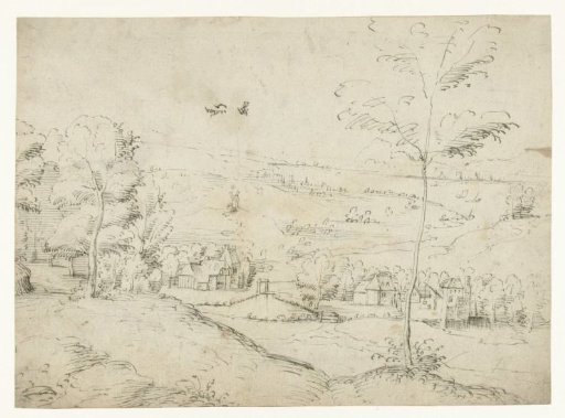 Landscape with farms by a river