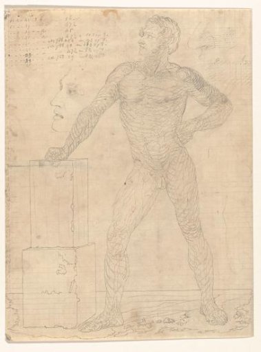 Standing nude man, right hand on a pedestal