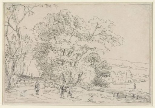 Landscape with a rider, walkers and a dog
