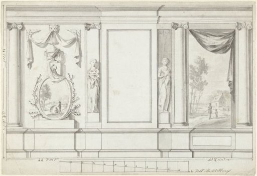 Design for Room Decoration with Two Panels Depicting Landscapes Flanked by a Statue of a Woman