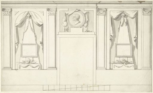 Design for room decoration with two panels with obelisks and portrait medallion above door