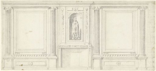 Design for Room Decoration with Three Panels with a Standing Figure Above the Mantelpiece