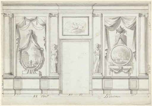 Design for Room Decoration with Two Panels Depicting Landscapes and a Door Flanked by Statues of Women