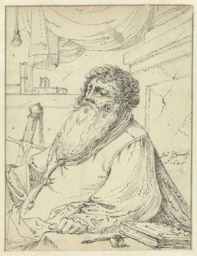 Saint Paul, seated at a table