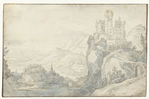 River landscape with a castle on a hill
