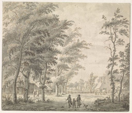 Landscape with houses under tall trees
