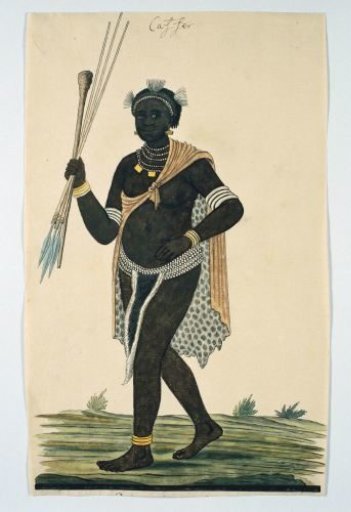 Man holding three assegais and a knobkerrie