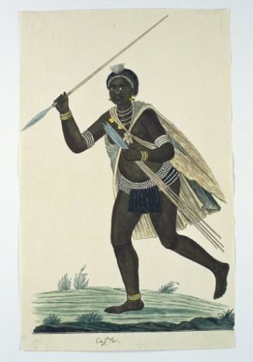Running man holding an assegai in his right hand and four assegais in his left