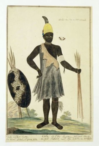 "Captain" Coba (or Kobé), a chief of the Gqunukhwebe tribe, wearing the grenadiers helmet given him by Robert Jacob Gordon