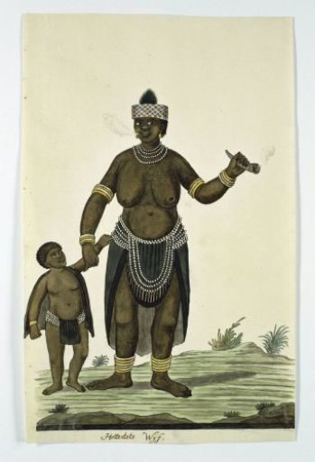A standing, probably Khoikhoi, woman, with tobacco-pipe and child