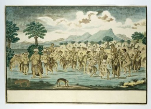 A Khoikhoi kraal with dancers and musicians