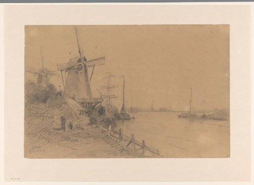 Mills near Dordrecht along the river with ships