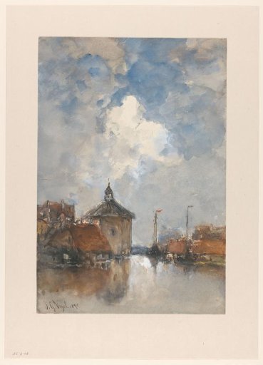 View of a harbour with ships and a round tower