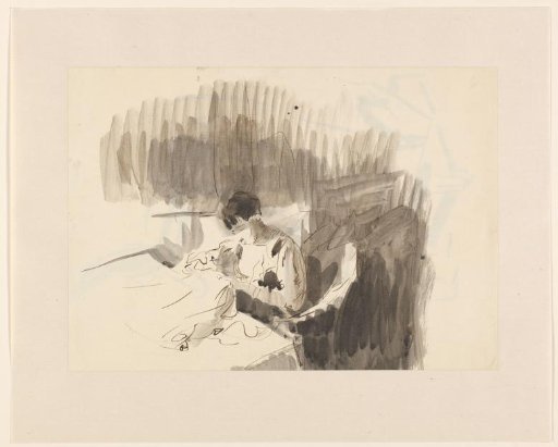 Sewing woman, seated at a table