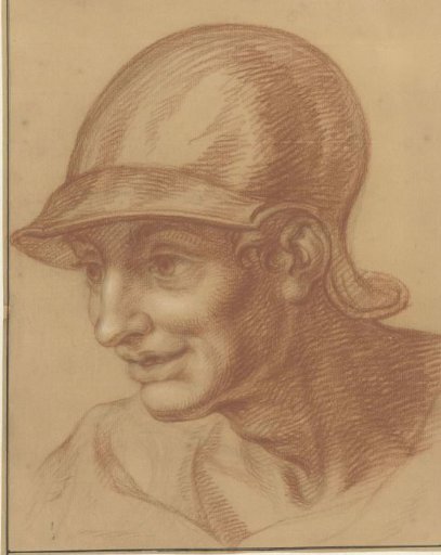 Study of a man's head with helmet, three-quarter view, to the left