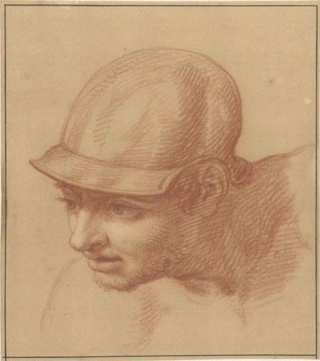 Study of a man's head with helmet, three-quarter view, to the left
