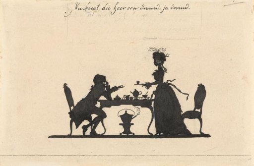 Design for In Holland staat een Huis: silhouettes of a man and woman at tea