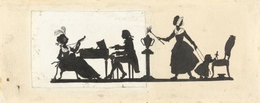Design for In Holland staat een Huis: silhouettes of a musical couple and the maid watching the child