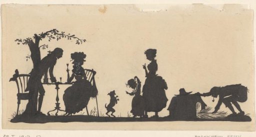 Design for In Holland staat een Huis: silhouette of a family in the garden, with the maid and gardener