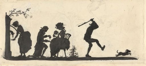 Design for illustration for In Holland staat een huis: silhouette of the family chasing the dog out of the house