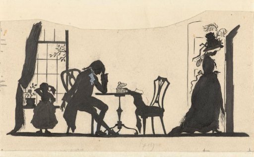 Design for illustration for In Holland staat een huis: silhouette of the family and the woman departing