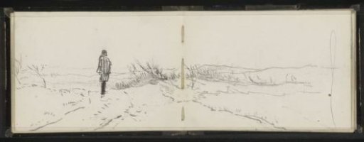 Standing figure in a landscape with bushes