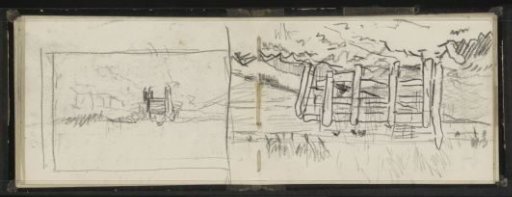 Meadow with a fence by a ditch and a horse-drawn cart on a country road