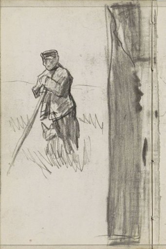 Laborer leaning on the handle of a piece of farm equipment