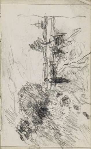 Standing figure in a landscape with trees and a mill