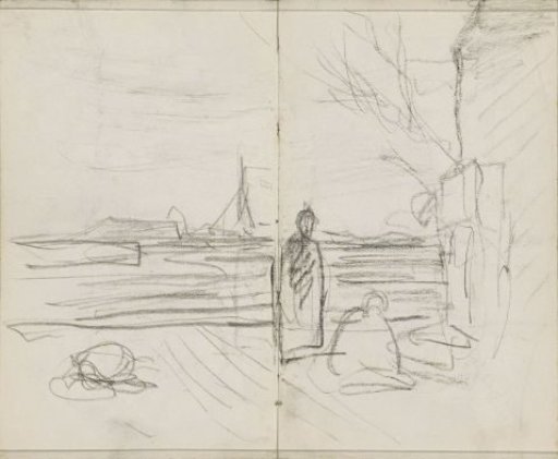 Standing and seated figure by the water
