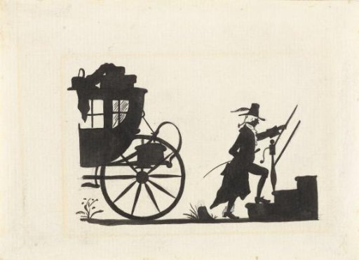 Design for In Holland staat een Huis: silhouette of a man entering a house from a carriage