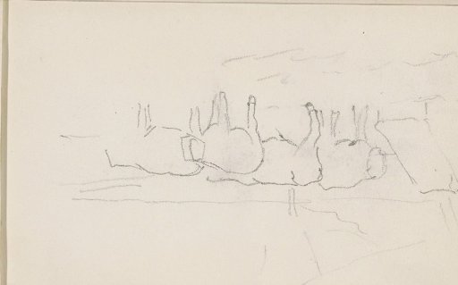 Sheep by a hut with a pointed roof